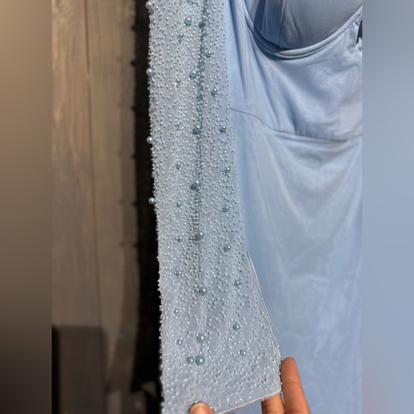 Oh Polly Blue Embellished Pearl Dress with Side Split - Picture 6 of 13